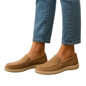 CROCS Walu Tan Canvas Loafer Deck Boat  Shoe Non-mark Sole Preppy Logo Coastal 8